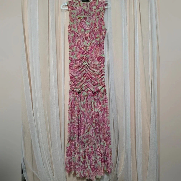 Misa Los Angeles Ava Midi Dress in Vintage Paisley, Stretch Mesh, Ruched Bodice. - Picture 3 of 16